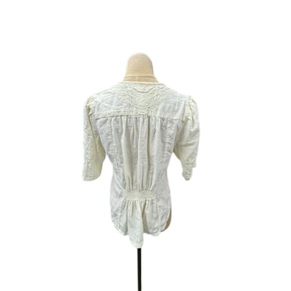 "FREE PEOPLE" Embroidered Runched Detail Elastic Back B/U Top SZ S Puff Sleeve - Picture 2 of 11